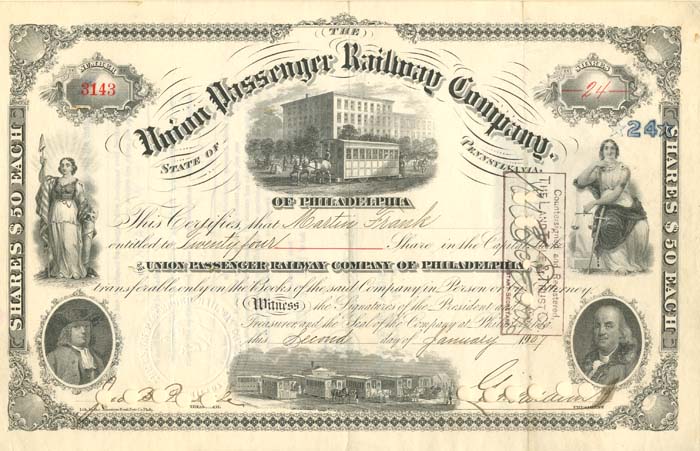 Union Passenger Railway Co. signed by Geo. D. Widener - Autograph Stock Certificate